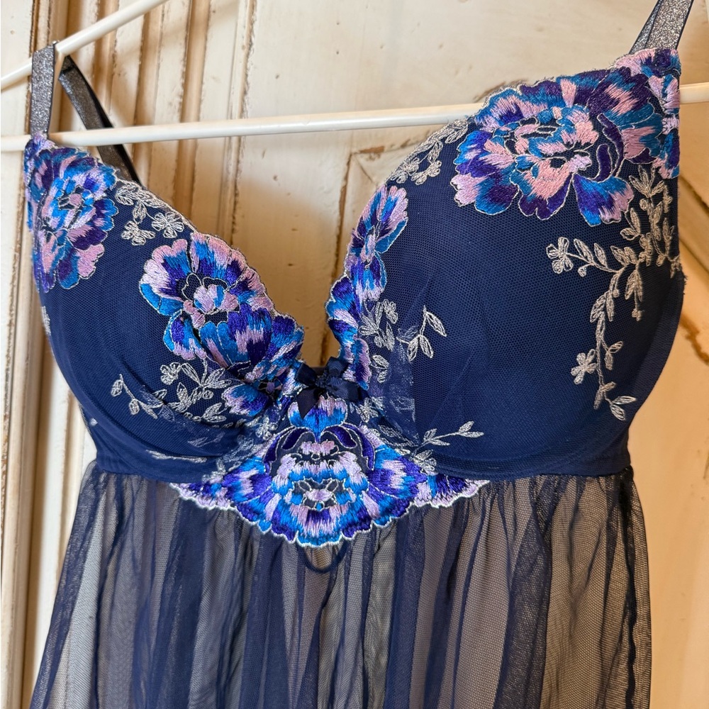 Victoria's Secret Navy Blue Floral Lace/Sheer Babydoll